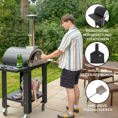 Outdoor-Pizzaofen mit Vorbereitungsstationen – Stahl, 600 °C, Holz, mit Rollen, extra gross