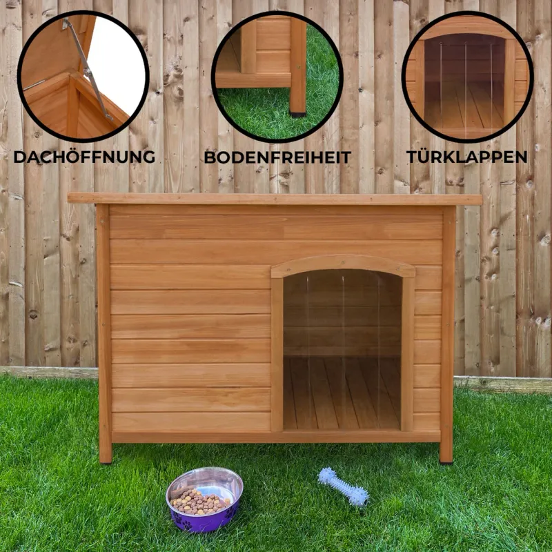 Hundehütte gross aus Holz – 80 x 115.5 x 78,5 cm Tannenholz, klappbares Dach, erhöht, wetterfest