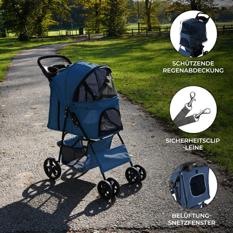 Faltbarer Pet Stroller, Hundebuggy, Haustierwagen – Marineblau, 15 kg, 4 Räder, Regenabdeckung