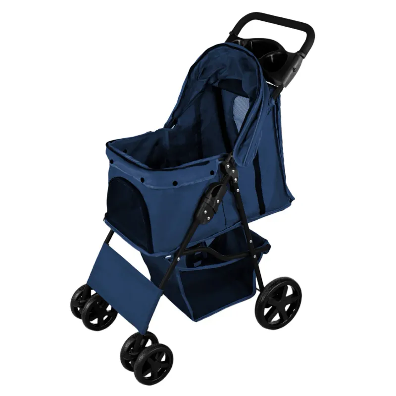 Faltbarer Pet Stroller, Hundebuggy, Haustierwagen – Marineblau, 15 kg, 4 Räder, Regenabdeckung