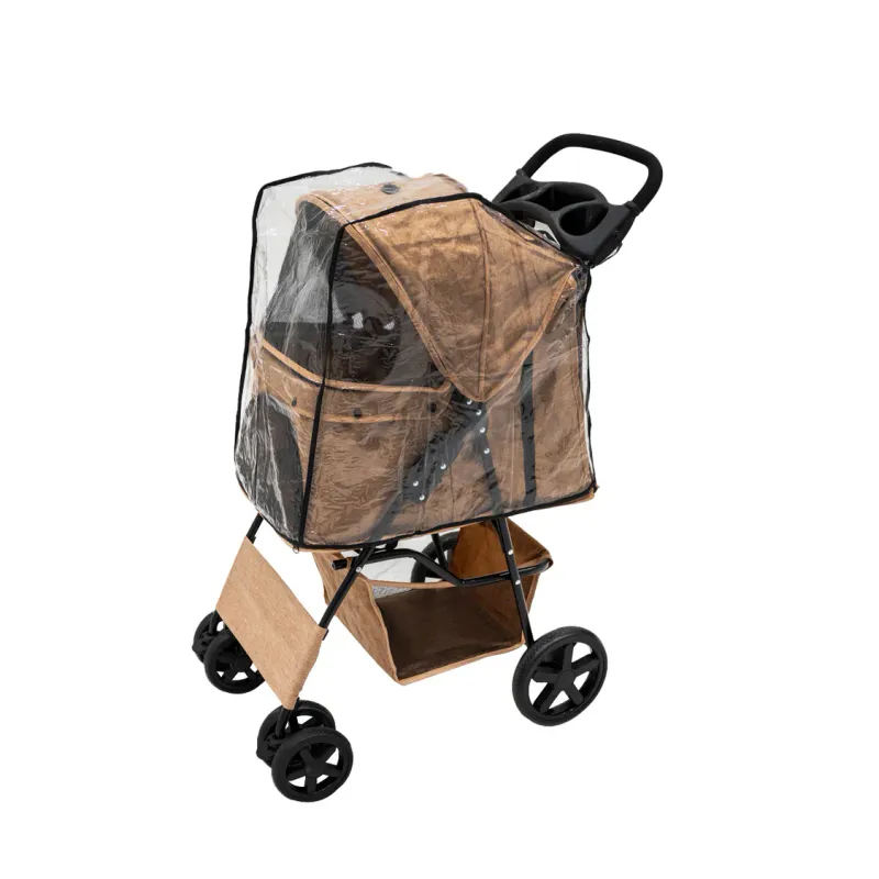 Pet Stroller, Hundebuggy, Haustierwagen mit Transporttasche – Beige gewebt, faltbar, 15 kg, Regenhülle