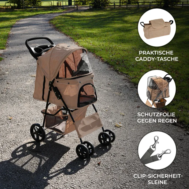 Pet Stroller, Hundebuggy, Haustierwagen mit Transporttasche – Beige gewebt, faltbar, 15 kg, Regenhülle