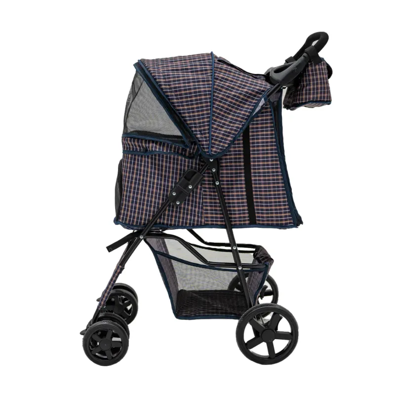 Pet Stroller, Hundebuggy, Haustierwagen mit Fronttasche – Blaues Tartanmuster, faltbar, 15 kg, Regenhülle