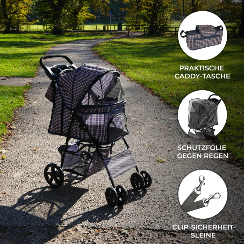 Pet Stroller, Hundebuggy, Haustierwagen mit Fronttasche – Blaues Tartanmuster, faltbar, 15 kg, Regenhülle