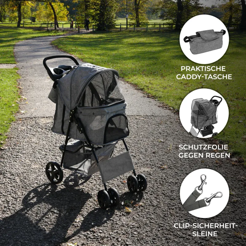 Pet Stroller, Hundebuggy, Haustierwagen mit Fronttasche – Gewebtes Grau, faltbar, 15 kg, Regenhülle