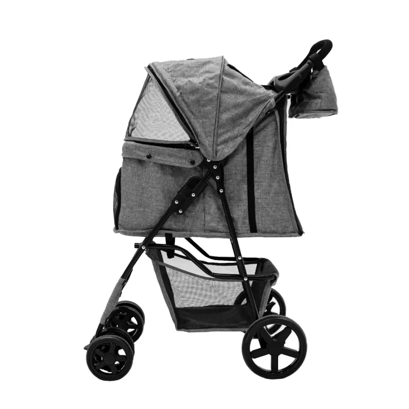Pet Stroller, Hundebuggy, Haustierwagen mit Fronttasche – Gewebtes Grau, faltbar, 15 kg, Regenhülle