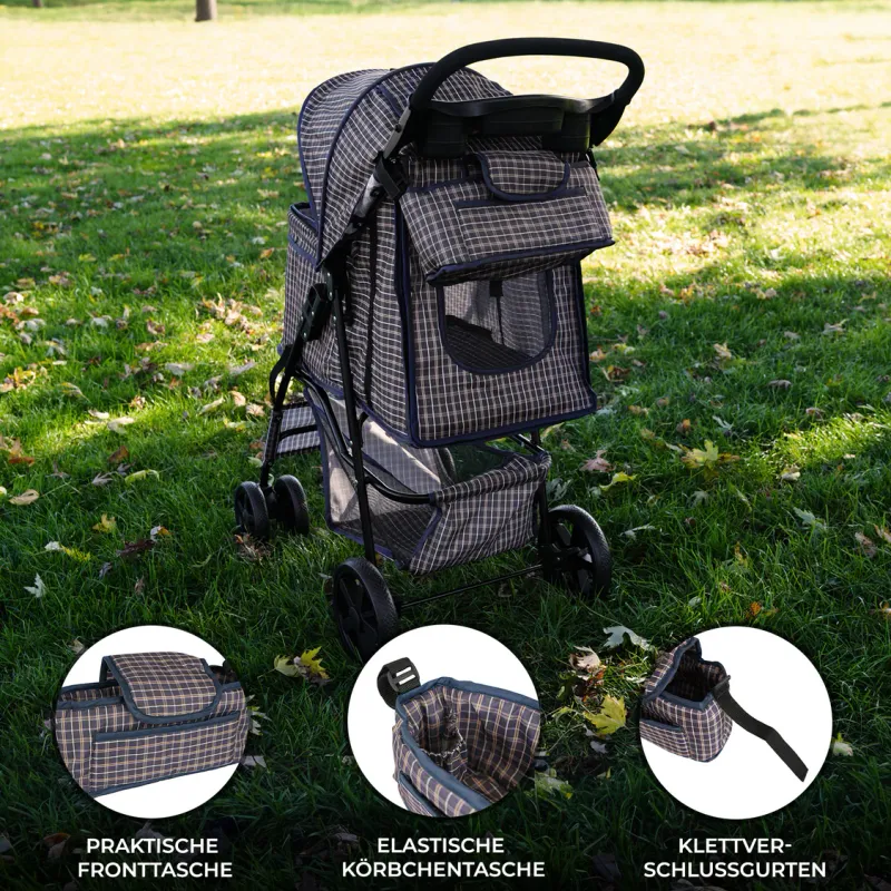 Fronttasche für Pet Stroller, Hundebuggy, Haustierwagen – Blaues Tartanmuster | Oxford, 2 kg, Klettbefestigung