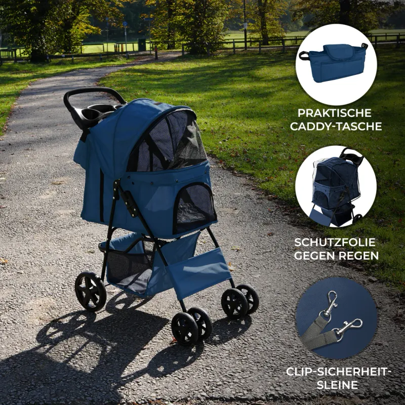 Pet Stroller, Hundebuggy, Haustierwagen mit Fronttasche – Marineblau, faltbar, 15 kg, Regenhülle
