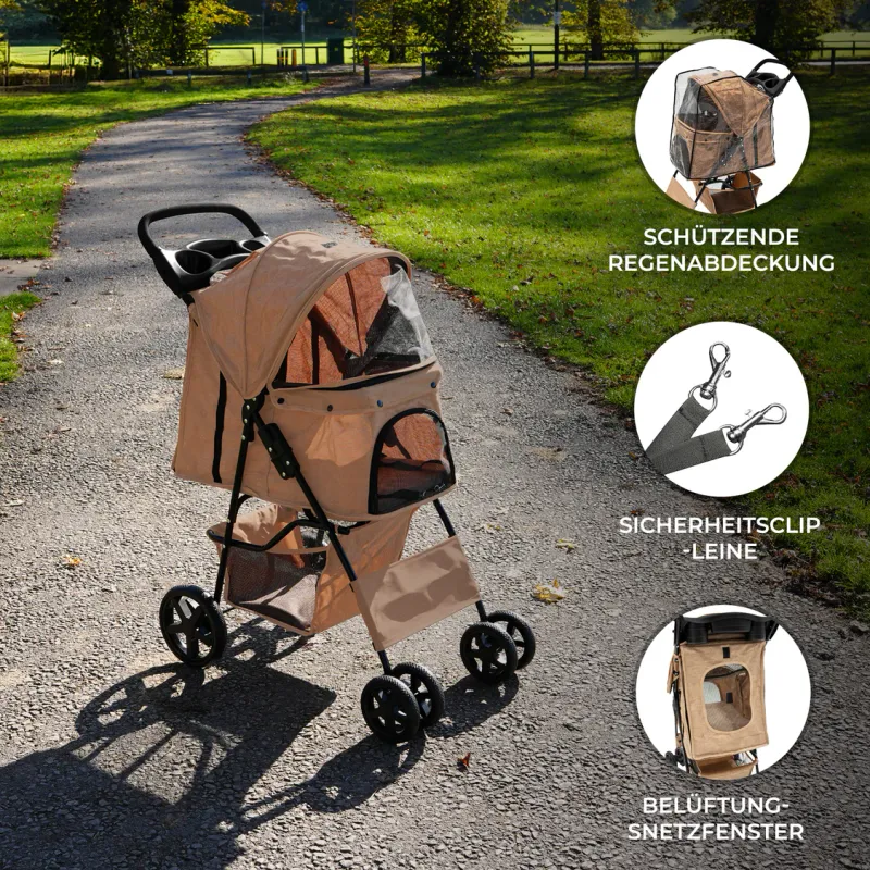 Pet Stroller, Hundebuggy, Haustierwagen – Gewebtes Beige, faltbar, 15 kg, Regenabdeckung, Bremsen