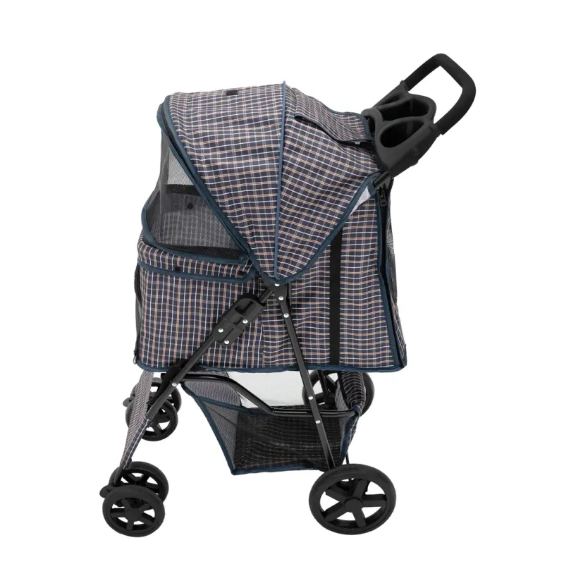 Pet Stroller, Hundebuggy, Haustierwagen – Blaues Tartanmuster, faltbar, 15 kg, Regenabdeckung, Bremsen