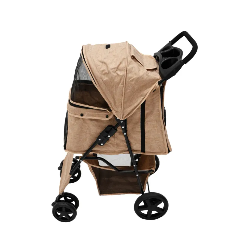 Pet Stroller, Hundebuggy, Haustierwagen – Gewebtes Beige, faltbar, 15 kg, Regenabdeckung, Bremsen