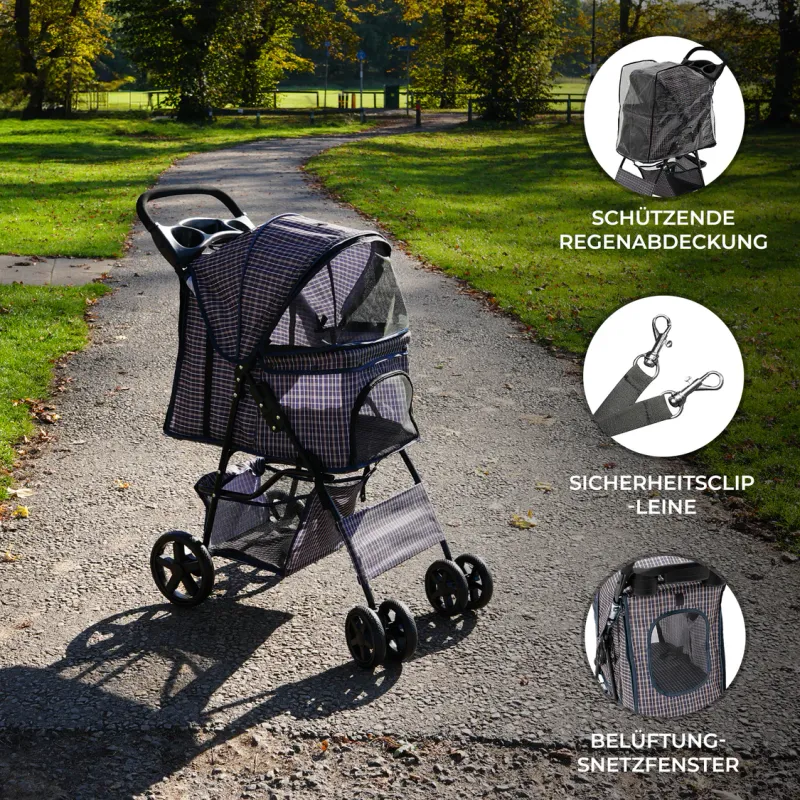 Pet Stroller, Hundebuggy, Haustierwagen – Blaues Tartanmuster, faltbar, 15 kg, Regenabdeckung, Bremsen