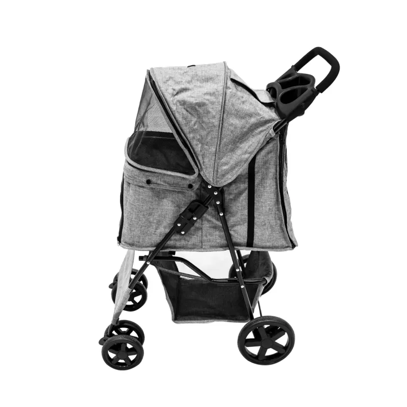 Pet Stroller, Hundebuggy, Haustierwagen – Gewebtes Grau, faltbar, 15 kg, Regenabdeckung, Bremsen