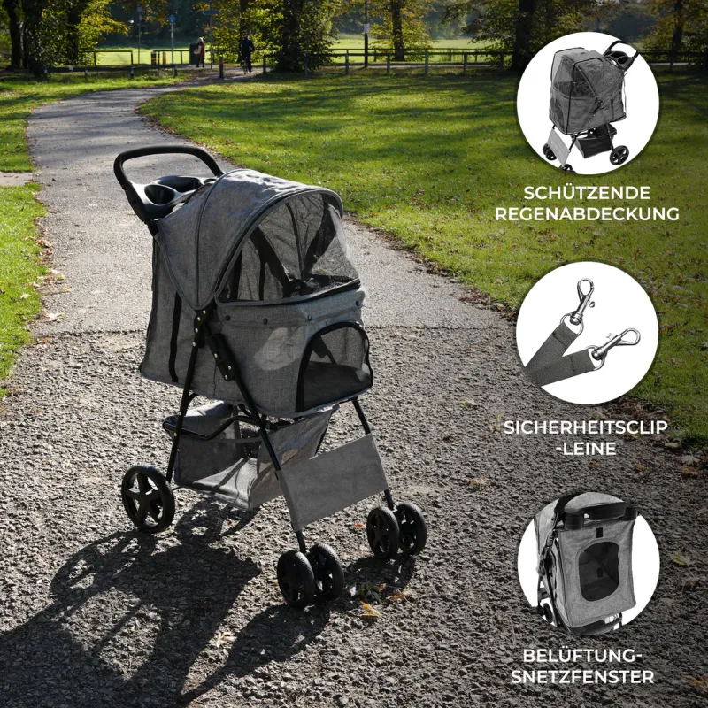 Pet Stroller, Hundebuggy, Haustierwagen – Gewebtes Grau, faltbar, 15 kg, Regenabdeckung, Bremsen