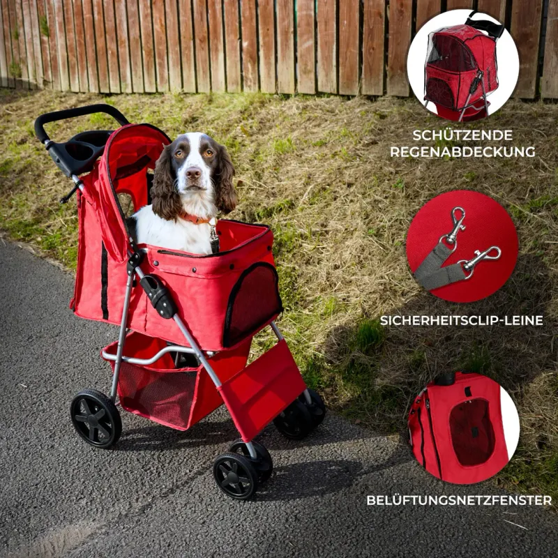 Pet Stroller, Hundebuggy, Haustierwagen – klappbar – Rot | 15 kg, Regenabdeckung, Bremsen, Korb