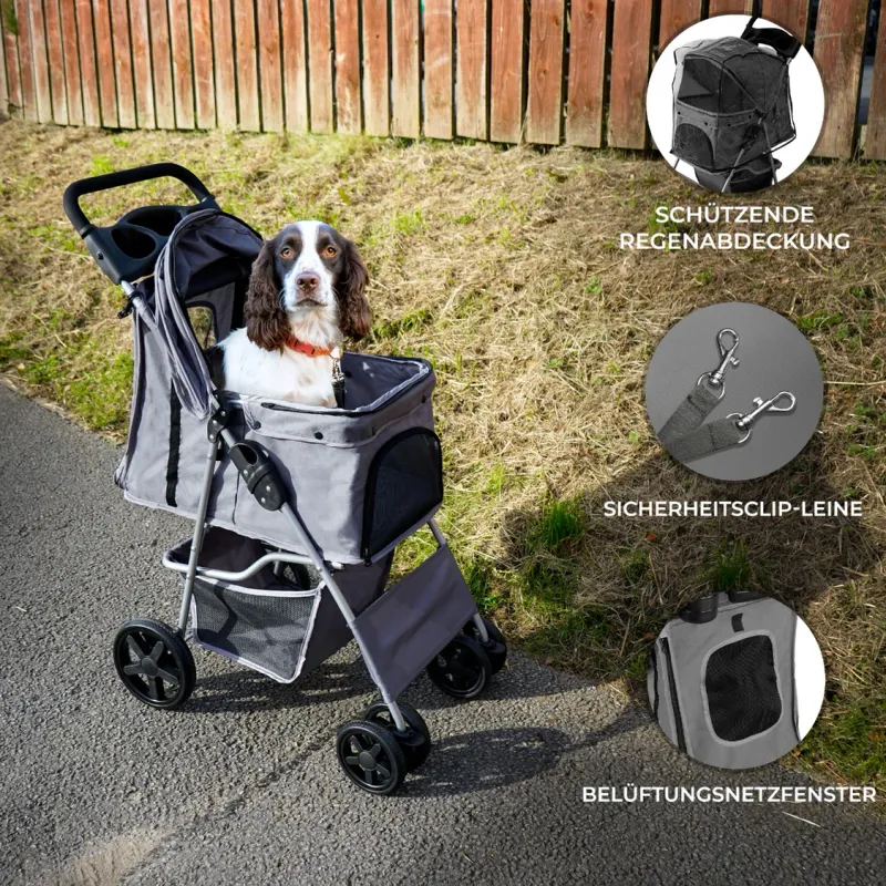 Pet Stroller, Hundebuggy, Haustierwagen – klappbar – Grau | 15 kg, Bremsen, Netzfenster, Regenabdeckung