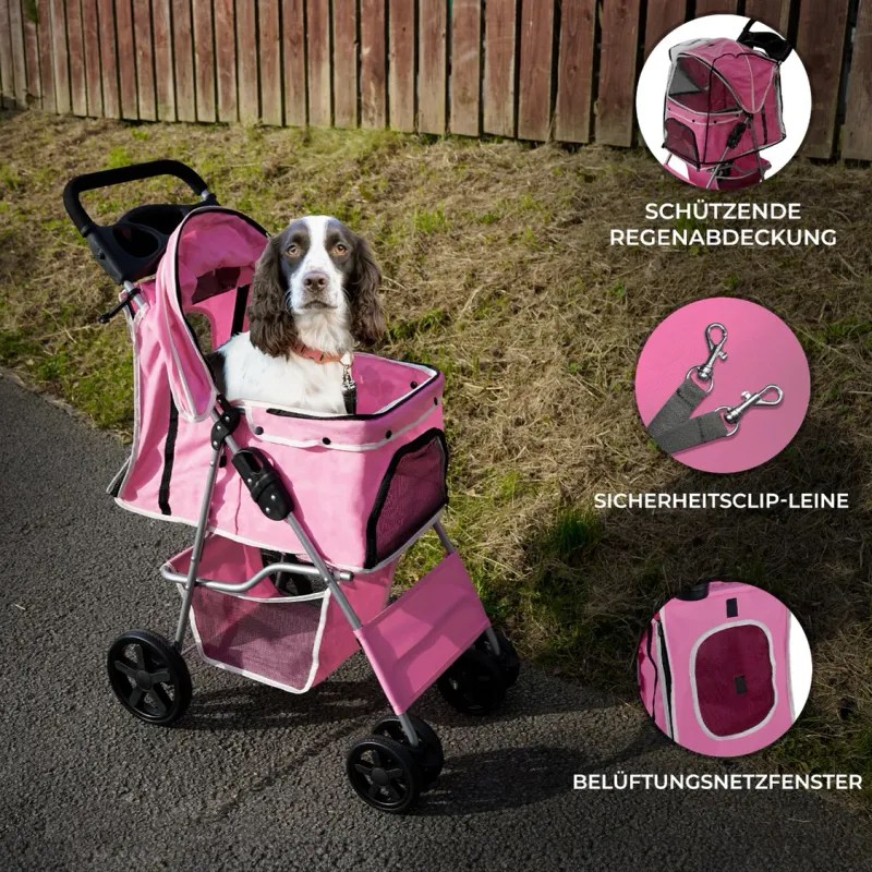 Pet Stroller, Hundebuggy, Haustierwagen – klappbar – Rosa | 15 kg, Bremsen, Netzfenster, Regenabdeckung
