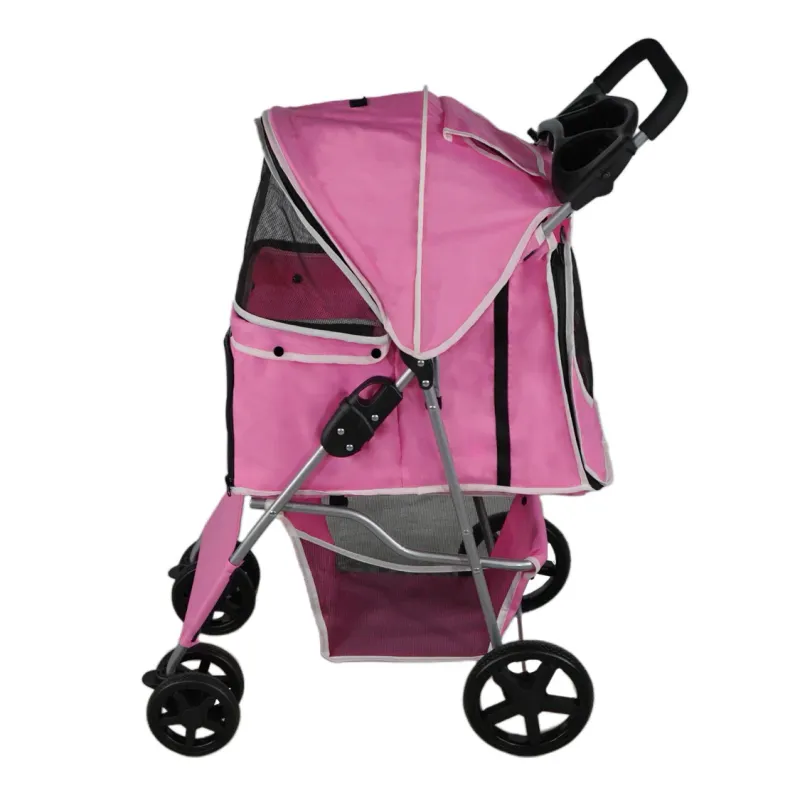 Pet Stroller, Hundebuggy, Haustierwagen – klappbar – Rosa | 15 kg, Bremsen, Netzfenster, Regenabdeckung