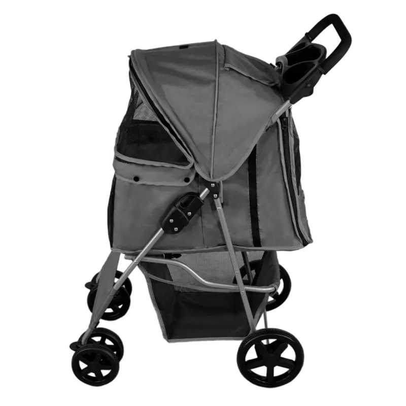 Pet Stroller, Hundebuggy, Haustierwagen – klappbar – Grau | 15 kg, Bremsen, Netzfenster, Regenabdeckung
