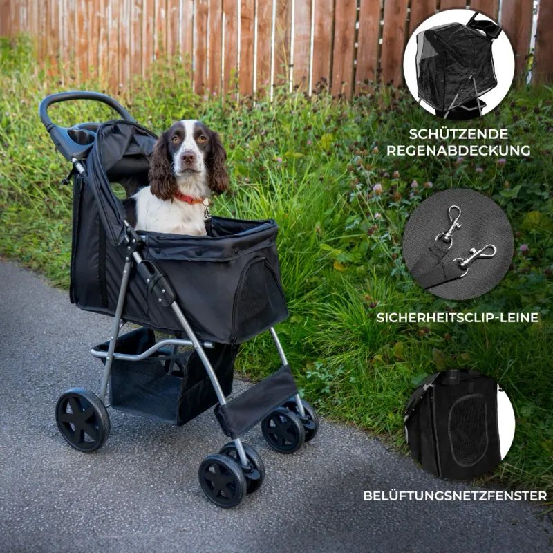 Pet Stroller, Hundebuggy, Haustierwagen – klappbar – schwarz | 15 kg, Bremsen, Netzfenster, Regenabdeckung
