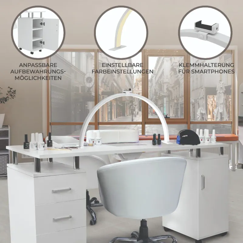 Nagelstudio Maniküretisch mit LED‑Halbmondlampe 75 cm – Weiss | Staubabsaugung, Rollen, dimmbar
