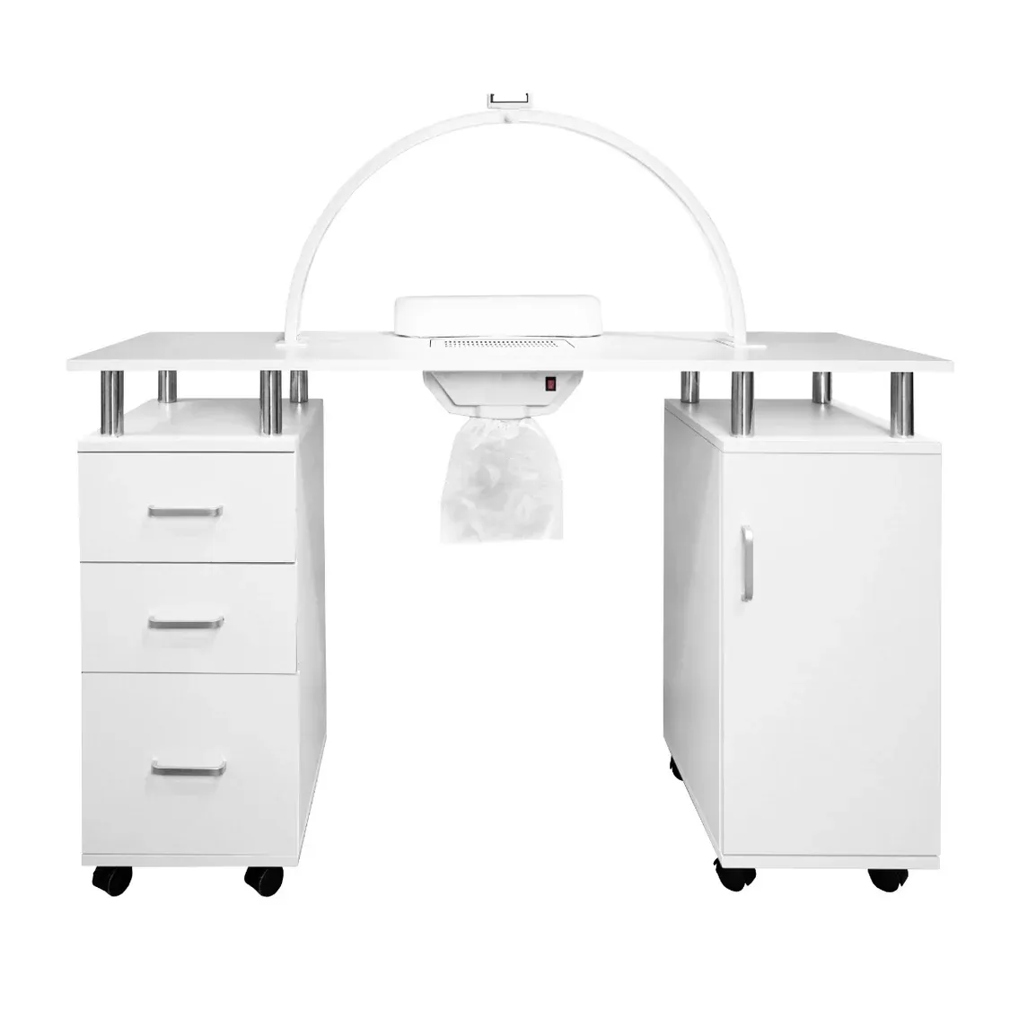 Nagelstudio Maniküretisch mit LED‑Halbmondlampe 75 cm – Weiss | Staubabsaugung, Rollen, dimmbar