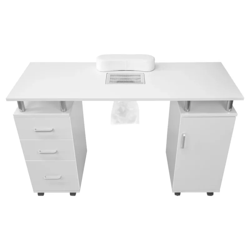 Nagelstudio Maniküretisch Weiss 120 x 45 cm – Staubabsaugung, Lenkrollen, abnehmbares Kissen