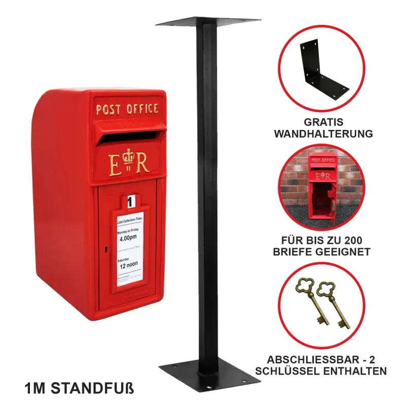 Englischer Stand‑Briefkasten mit Bodenständer – rot, gusseisern, wasserfest, abschliessbar