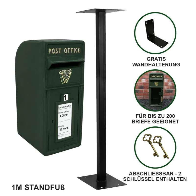 Irischer Stand‑Briefkasten mit Bodenständer – grün, gusseisern, wasserfest, abschliessbar