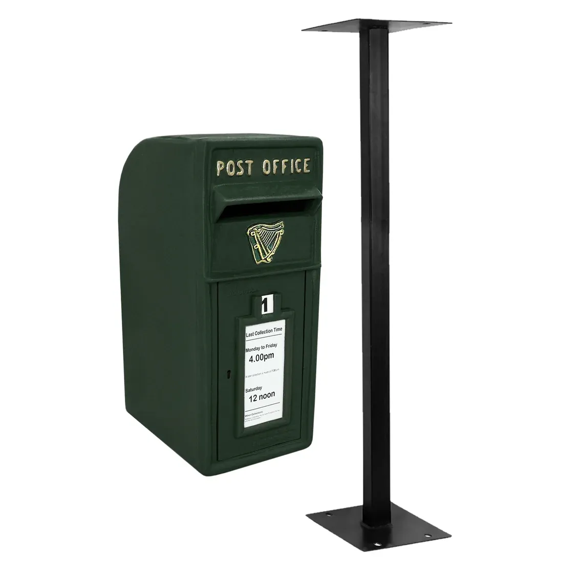 Irischer Stand‑Briefkasten mit Bodenständer – grün, gusseisern, wasserfest, abschliessbar