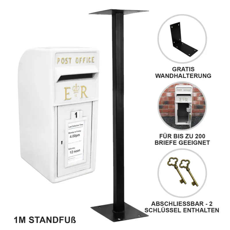 Englischer Stand‑Briefkasten mit Bodenständer – weiss, gusseisern, wasserfest, abschliessbar