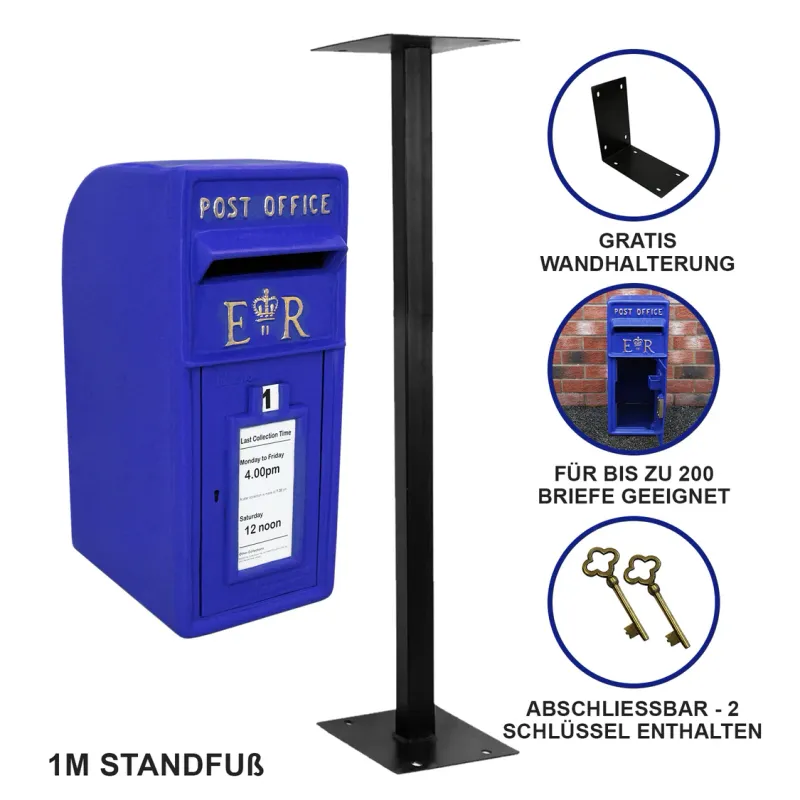Schottischer Stand‑Briefkasten mit Bodenständer – blau, gusseisern, wasserfest, abschliessbar