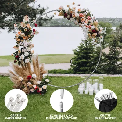 Runder Hochzeitsbogen 2 m – Silber | Blumen‑ & Ballonbogen, zerlegbar, Tasche
