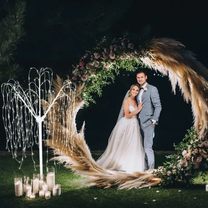 Hochzeitsbogen Silber + LED‑Bäumchen 180 cm – Warmweiss, 400 LEDs, IP44
