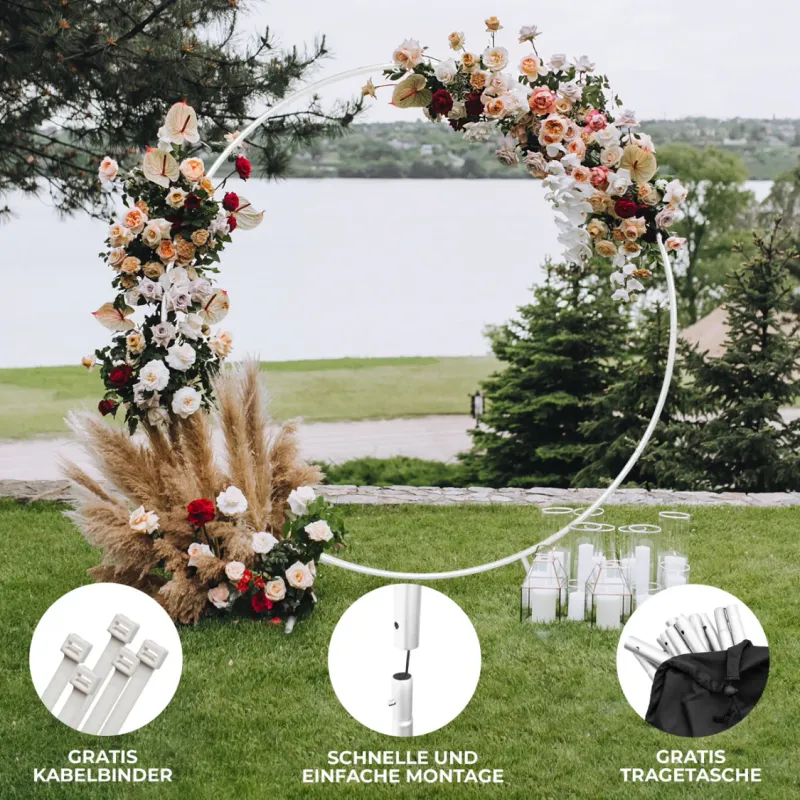 Runder Hochzeitsbogen 2 m – weiss | Blumen‑ & Ballonbogen, zerlegbar, Tasche