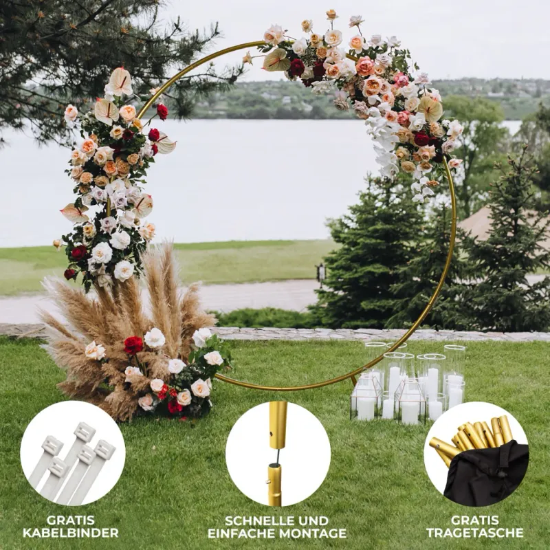 Runder Hochzeitsbogen 2 m – gold | Blumen‑ & Ballonbogen, zerlegbar, Tasche