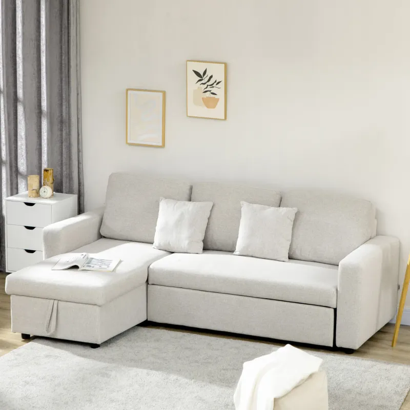 Ecksofa, Eckcouch mit Bettfunktion L-Form, Stauraum, ausziehbar – Cremeweiss