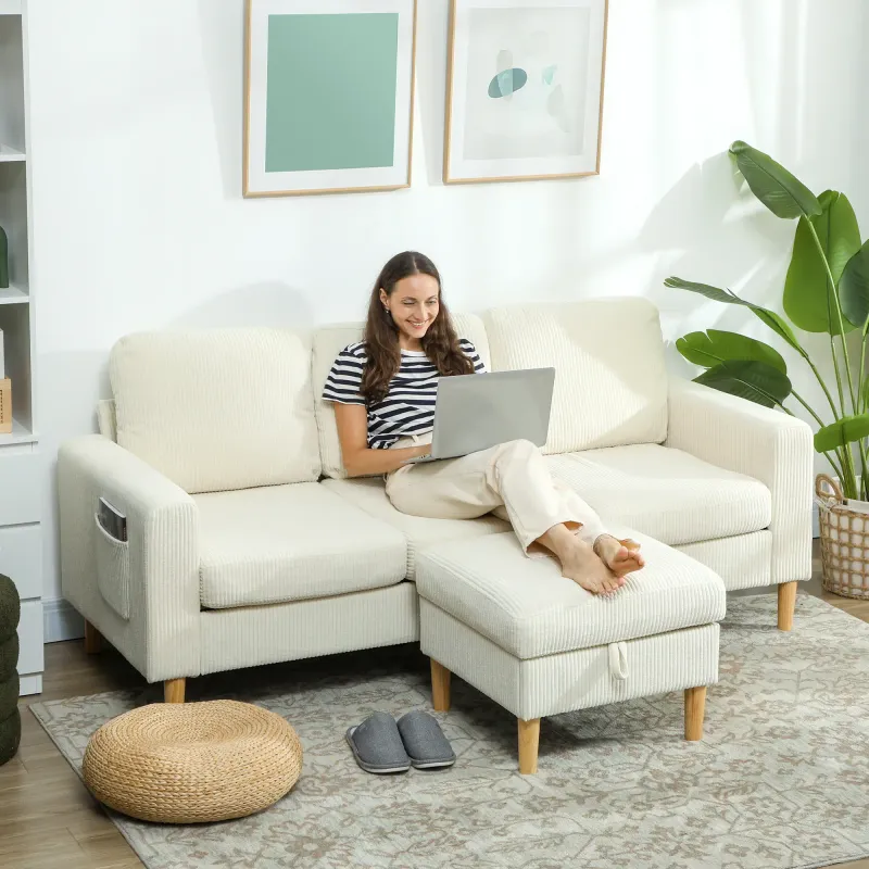 3-Sitzer-Sofa mit Stauraum-Hocker, Rippenvelours – Beige, 192x138x85 cm