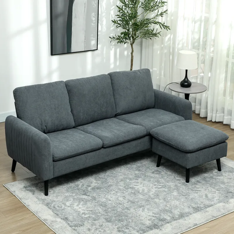 Ecksofa 3‑Sitzer mit Hocker, L‑Form, Cordstoff – Dunkelgrau, 196x140x88 cm
