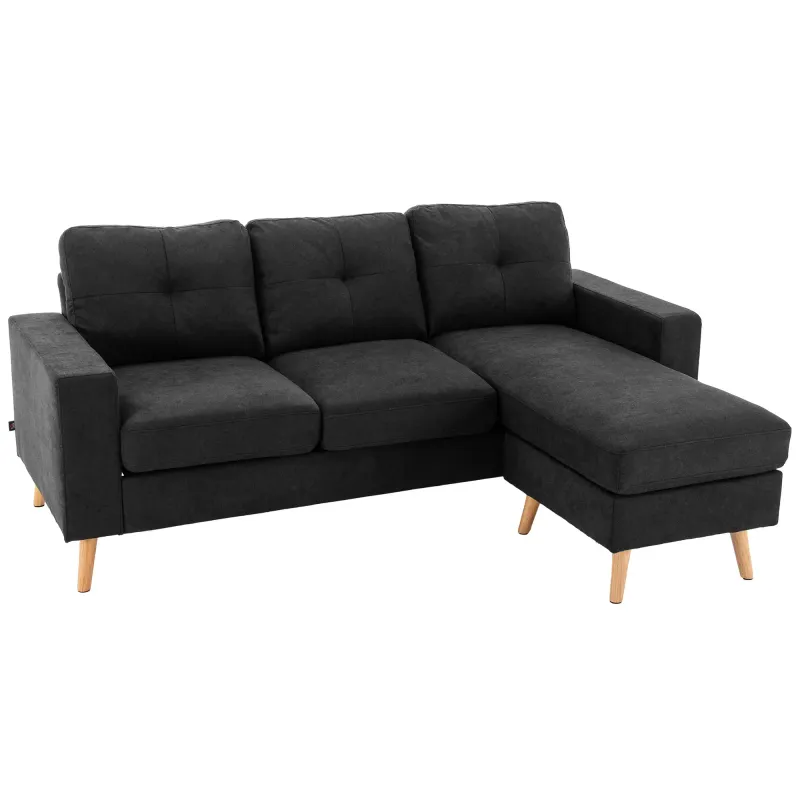Ecksofa 3‑Sitzer mit Chaiselongue, Leinenoptik – Schwarz, 193x136x85 cm