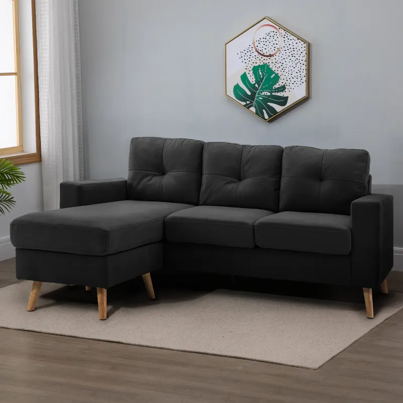 Ecksofa 3‑Sitzer mit Chaiselongue, Leinenoptik – Schwarz, 193x136x85 cm