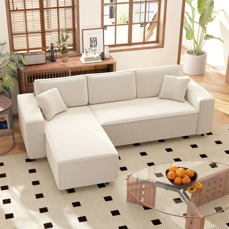 3‑Sitzer Ecksofa mit Chaiselongue – Cord, Cremeweiss, 241x153x83 cm