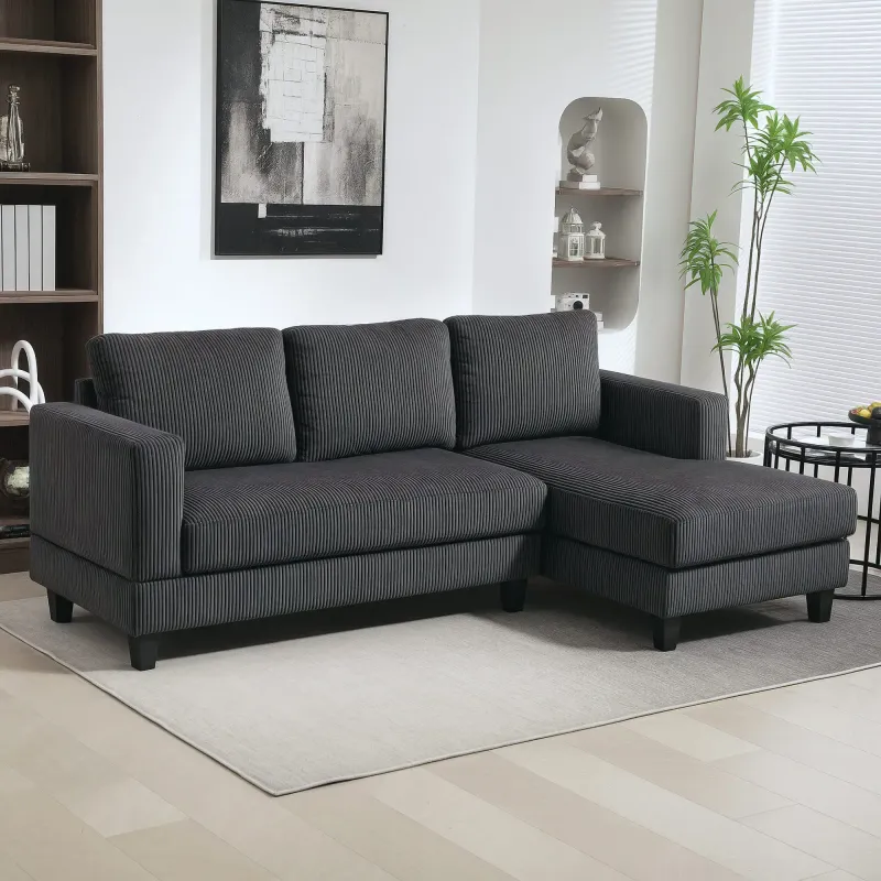 Ecksofa L‑Form 3‑Sitzer mit Chaiselongue – Cordstoff Grau, 214x134x87 cm, Federkern