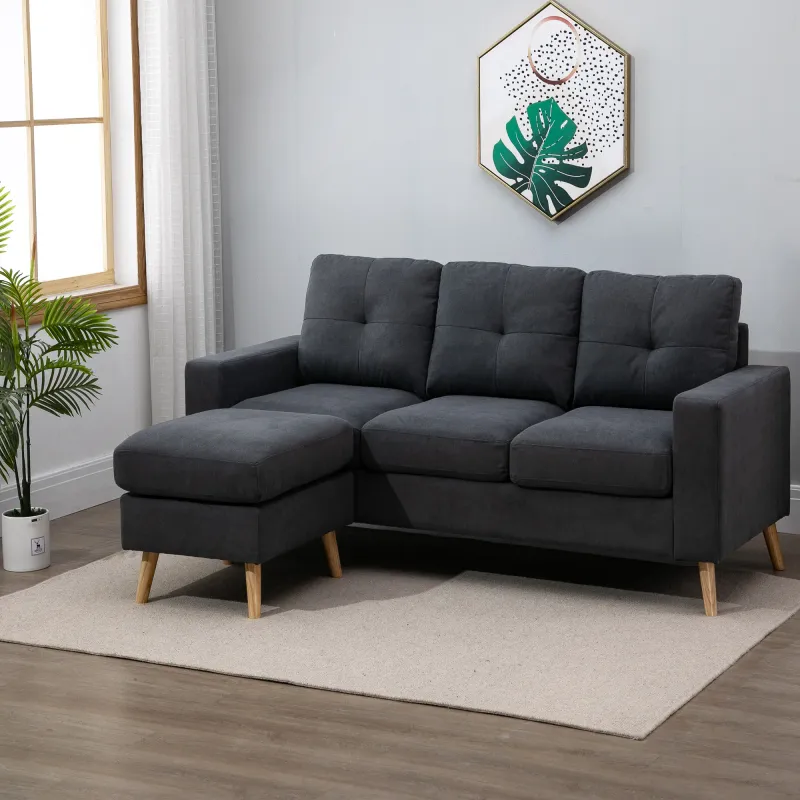 Ecksofa 3-Sitzer mit Hocker | Skandinavisches Design | L-Form rechts/links | Anthrazitgrau | 193 x 136 x 85 cm