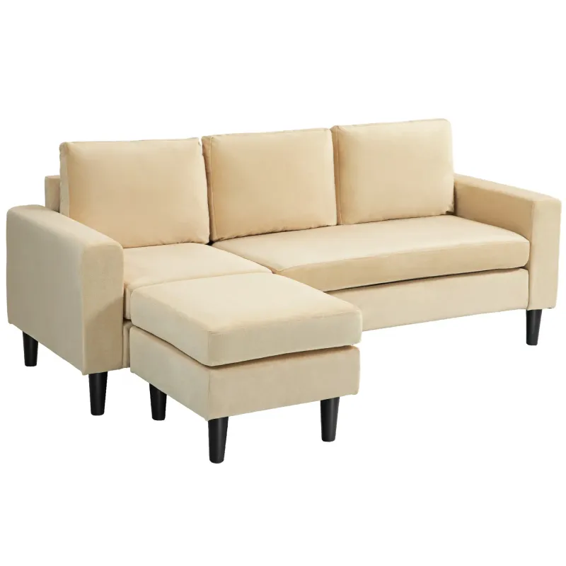 Modulares Ecksofa mit Hocker &amp; 3 Kissen | Samtstoff Beige, Holzfüsse | 186B x 121T x 82H cm