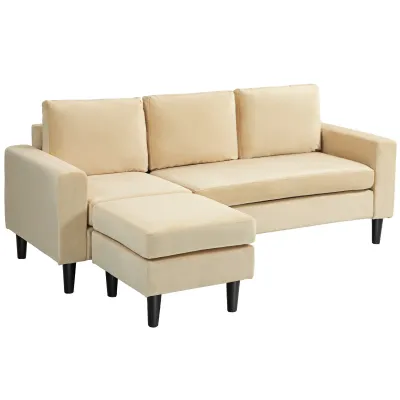 Modulares Ecksofa mit Hocker &amp; 3 Kissen | Samtstoff Beige, Holzfüsse | 186B x 121T x 82H cm