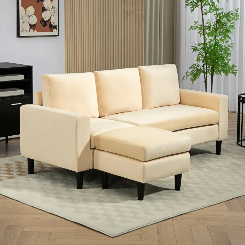 Modulares Ecksofa mit Hocker & 3 Kissen | Samtstoff Beige, Holzfüsse | 186B x 121T x 82H cm
