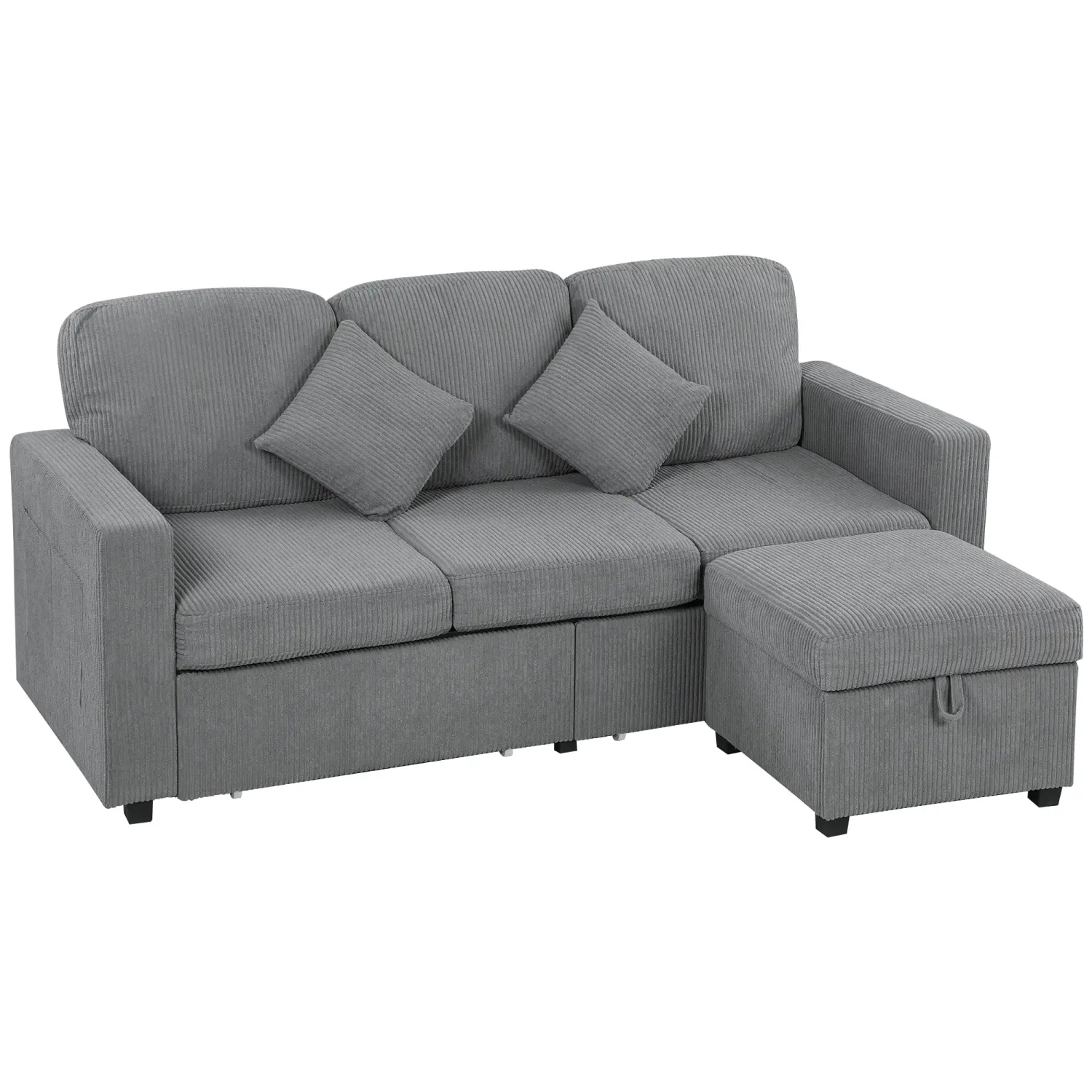 3-Sitzer Modulares Sofa mit Aufbewahrungshocker | Ripp-Velours Hellgrau | 196x139x85 cm | Taschenfederkern