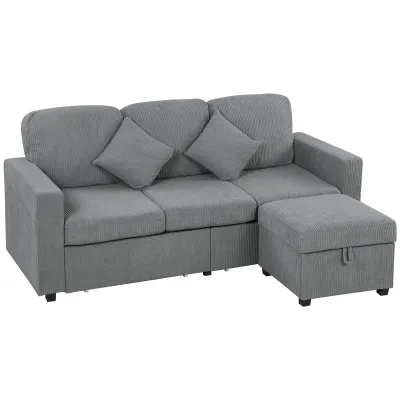 3-Sitzer Modulares Sofa mit Aufbewahrungshocker | Ripp-Velours Hellgrau | 196x139x85 cm | Taschenfederkern