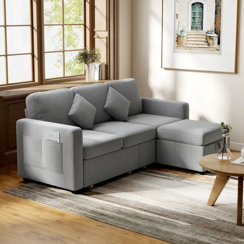 3-Sitzer Modulares Sofa mit Aufbewahrungshocker | Ripp-Velours Hellgrau | 196x139x85 cm | Taschenfederkern